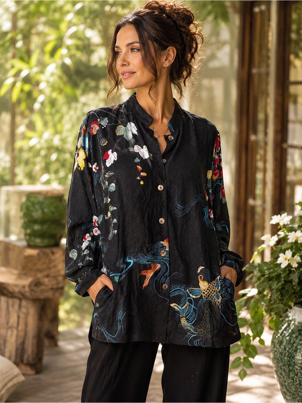 Citron Santa Monica Black Floral & Koi Print Button-Down Blouse 100% Silk